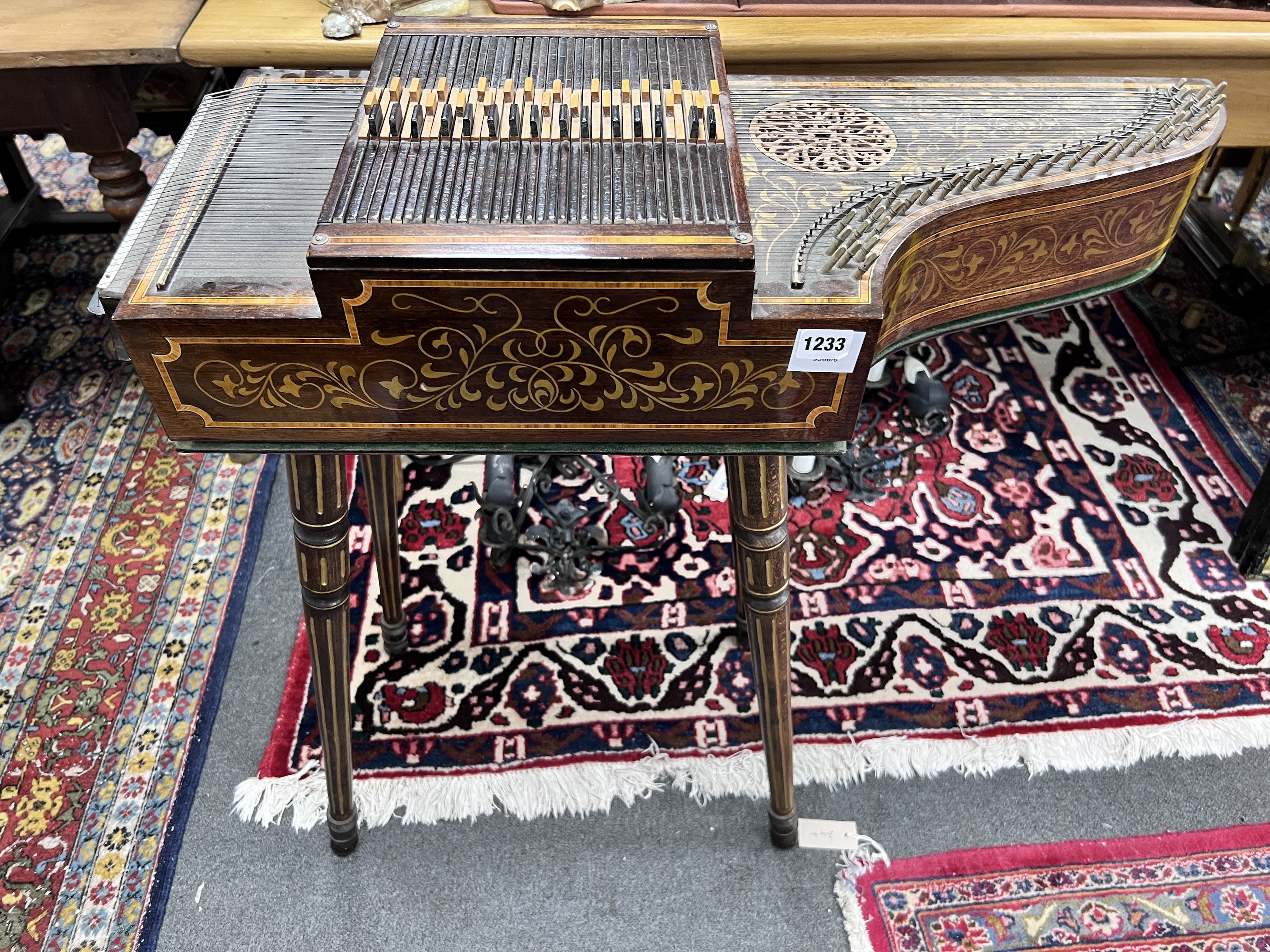 An inlaid mahogany and beech table top harpsichord, built by Peter Benjamin, width 79cm, height 84cm